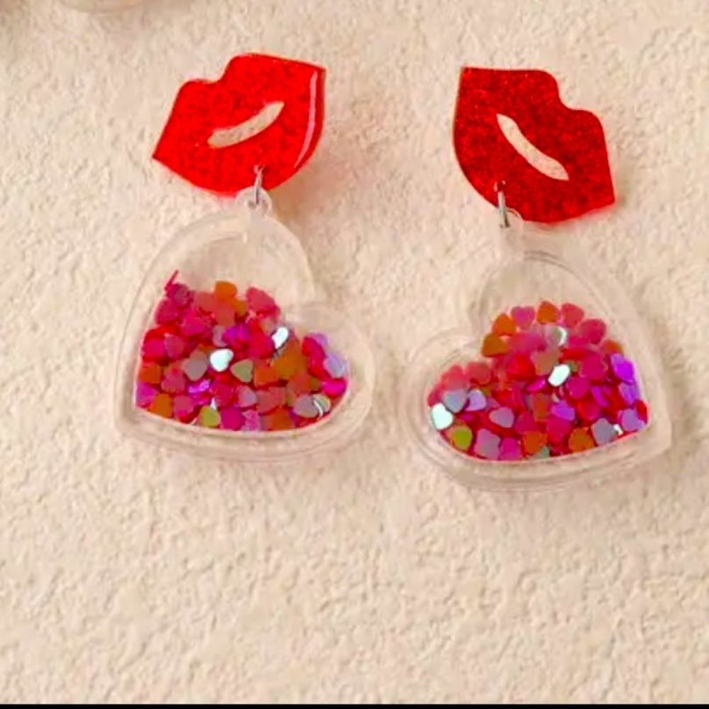 Red Glitter Hot Lips with Dangle Hearts Earrings Love Punk Teen Rock